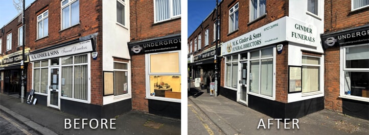Before and After images of M.K. Ginder exterior signs